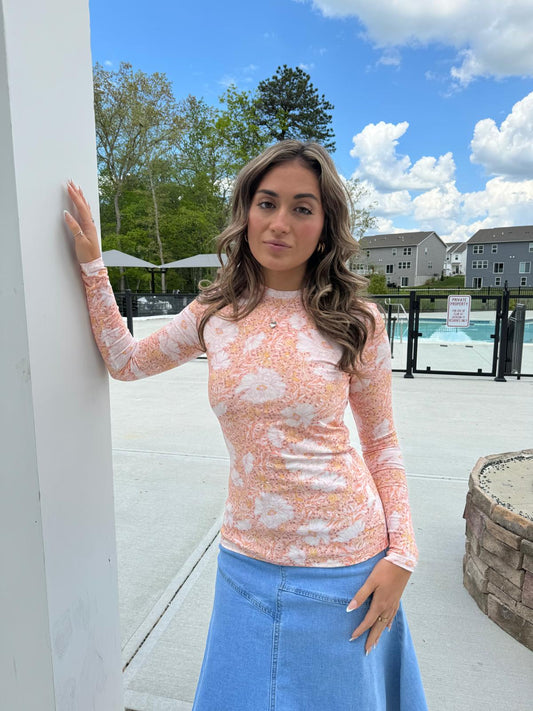 IVORY AND PASTEL PINK FLORAL COTTON CREW NECK TSHIRT
