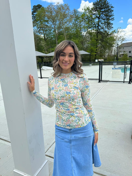 BLUE, PINK AND GREEN FLORAL COTTON CREW NECK TSHIRT