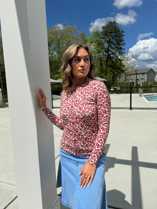 RED CRIMSON FLORAL COTTON CREW NECK TSHIRT