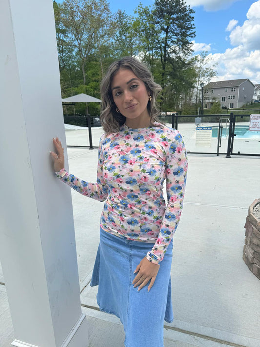 PINK AND BLUE FLORAL PRINTED COTTON CREW NECK TSHIRT