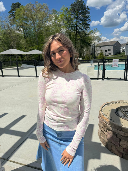 WHITE AND SOFT PINK FLORAL PRINTED MICRO V TSHIRT