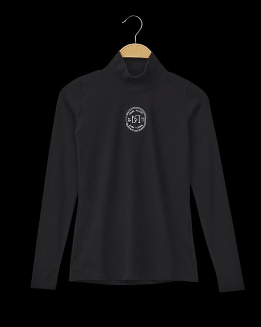 BLACK LOGO EMBROIDERED MOCKNECK TOP