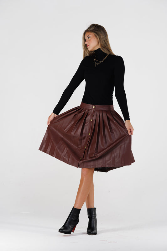 BROWN PLEATED LEATHER SKIRT