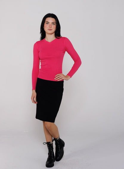 MICRORIBBED V-NECK LONG SLEEVES - FUSCIA