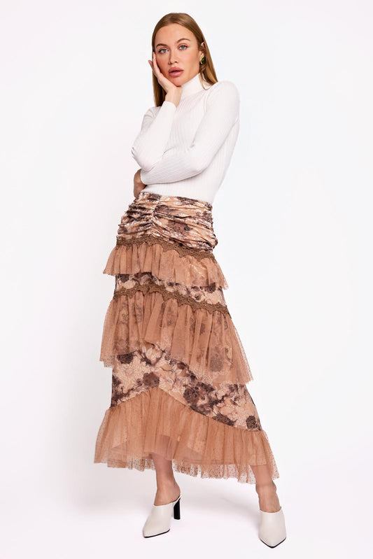 BROWN RUFFLE PRINTED SKIRT