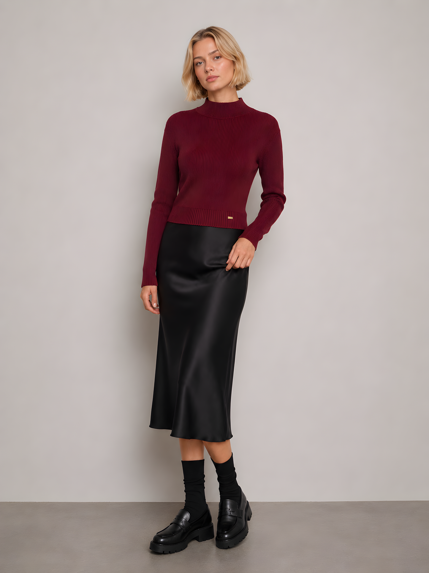 KNIT MOCKNECK WITH GOLD LOGO DETAIL AVAILABLE IN 6 COLORS