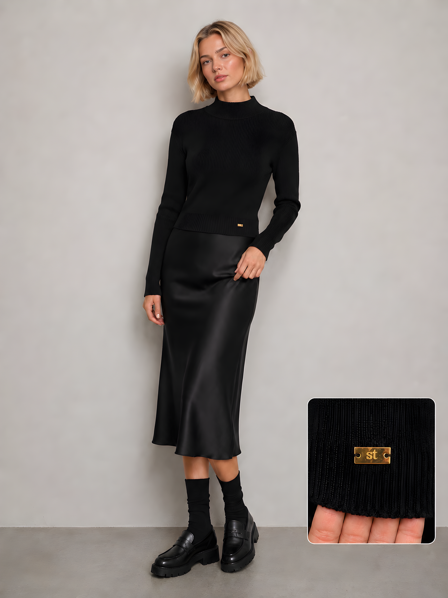 KNIT MOCKNECK WITH GOLD LOGO DETAIL AVAILABLE IN 6 COLORS