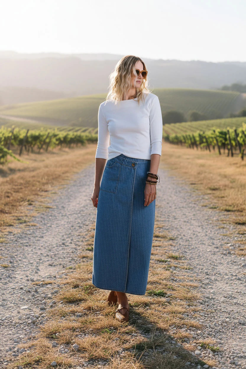 PINSTRIPE WRAP DENIM SKIRT