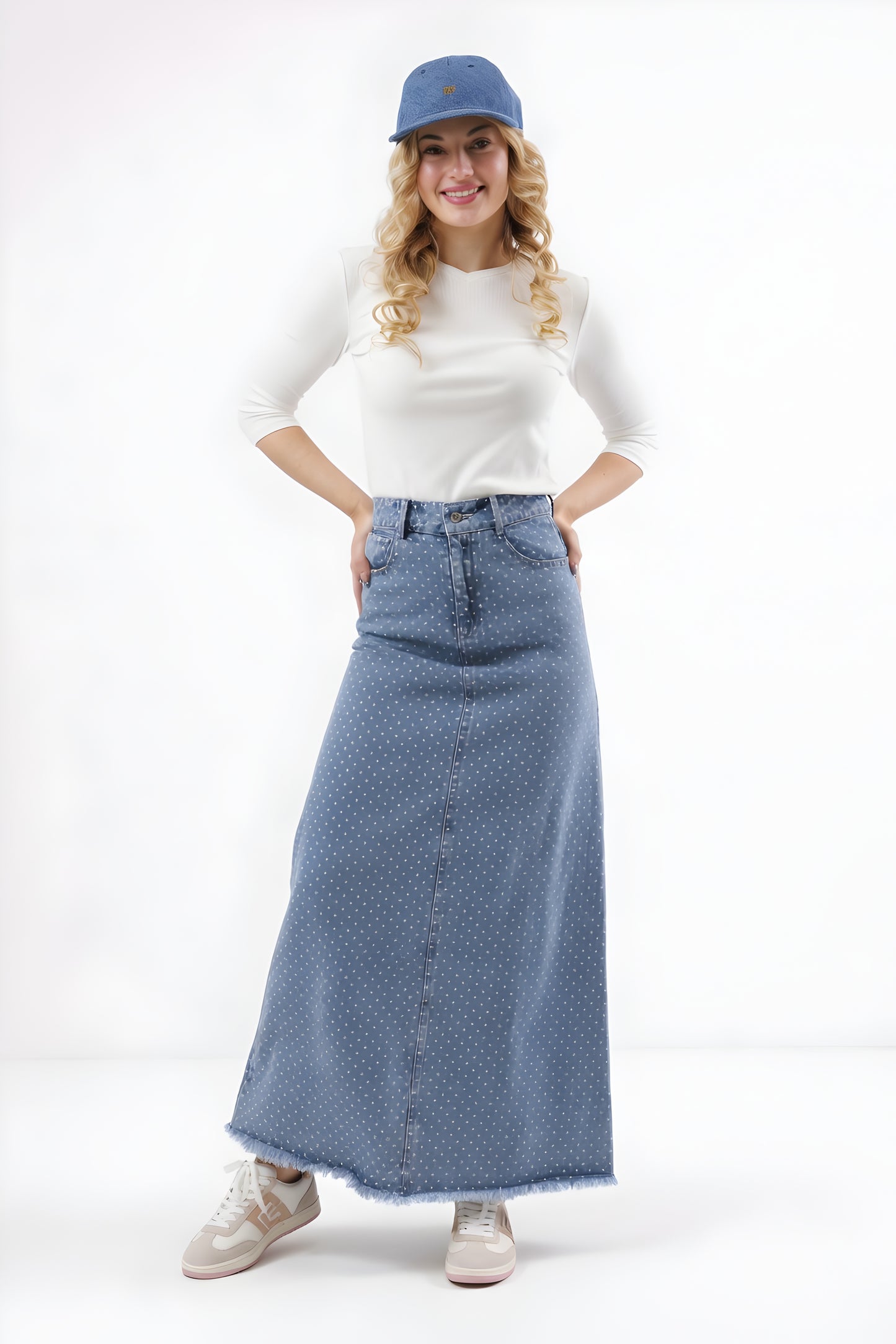 DENIM SKIRT AVAILABLE IN 2 POLKA DOT PATTERNS AND 2 FLORAL PATTERNS