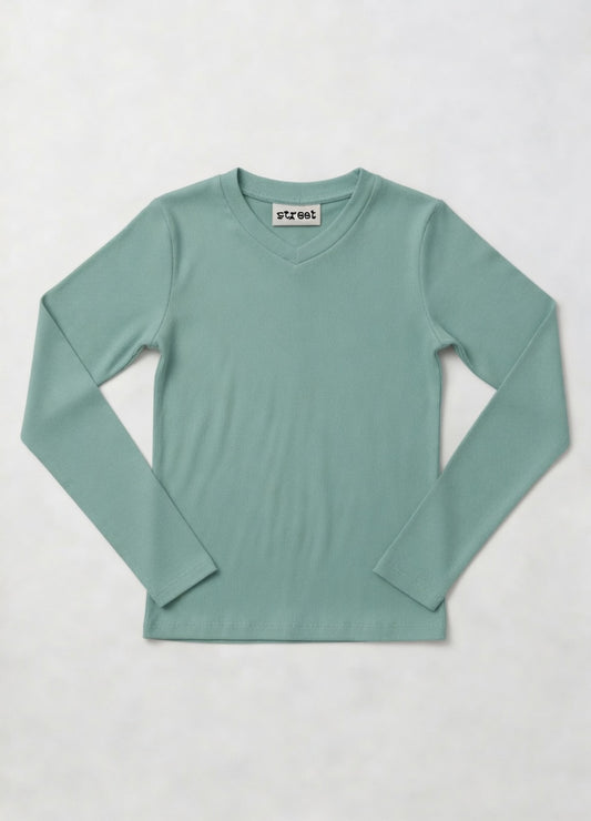 MICRORIBBED V-NECK LONG SLEEVES - SAGE
