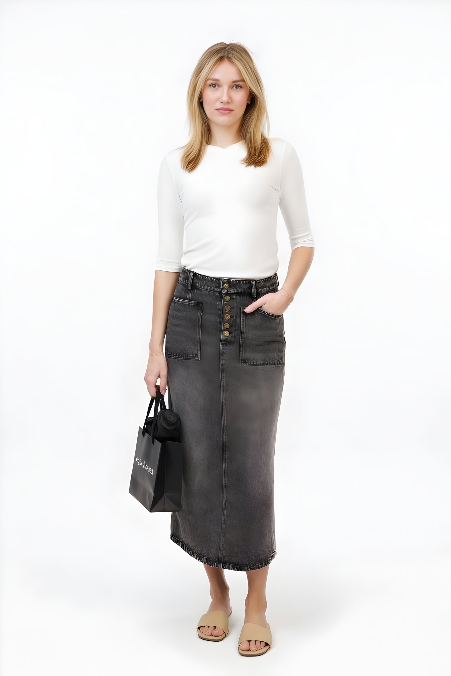 DENIM SKIRT WITH SNAP DETAIL AVAILABLE IN 2 COLORS