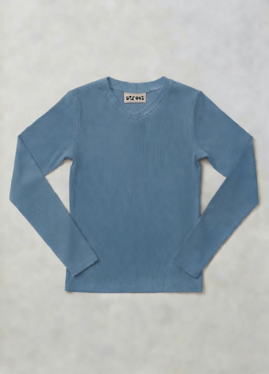 MICRORIBBED V-NECK LONG SLEEVES - TEAL
