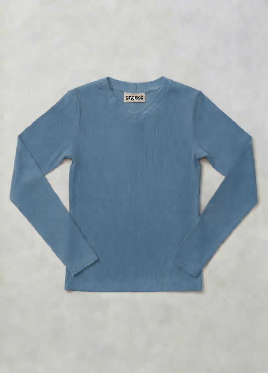 MICRORIBBED V-NECK LONG SLEEVES - TEAL