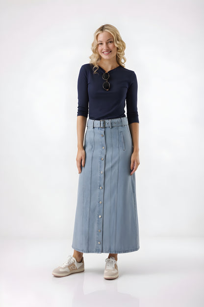 BELTED DENIM SKIRT AVAILABLE IN 2 COLORS