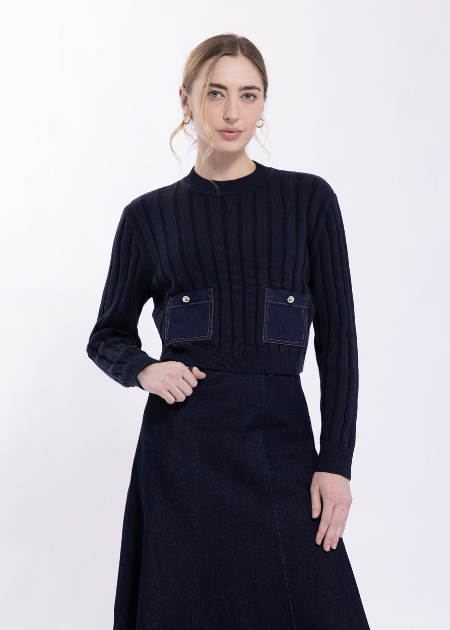 NAVY DENIM POCKET SWEATER