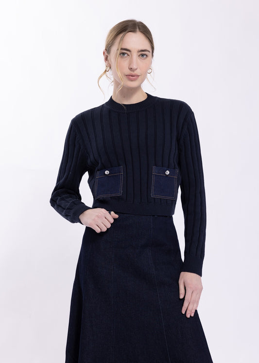 NAVY DENIM POCKET SWEATER