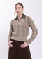 BEIGE CABLE DETAIL SWEATER WITH DENIM COLLAR