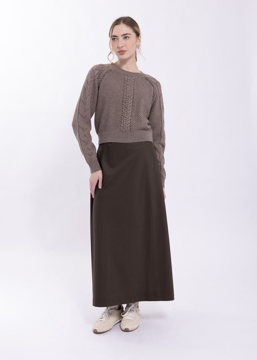 MOCHA BRAIDED BASKET WEAVE SWEATER
