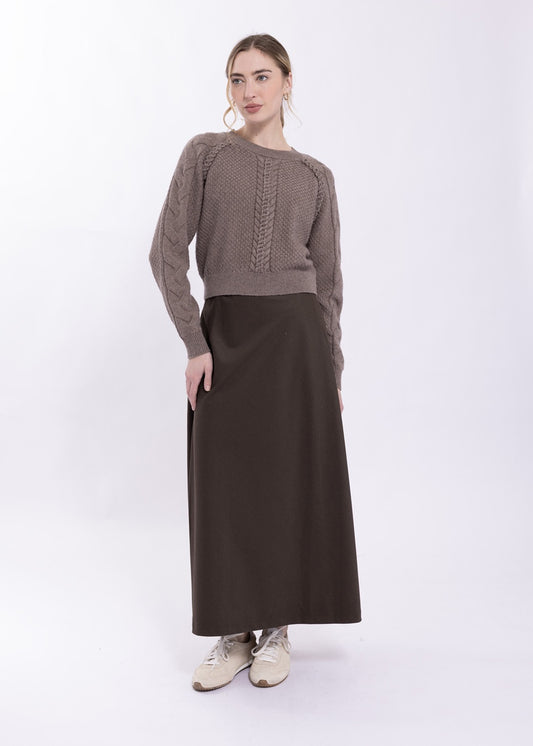 MOCHA BRAIDED BASKET WEAVE SWEATER
