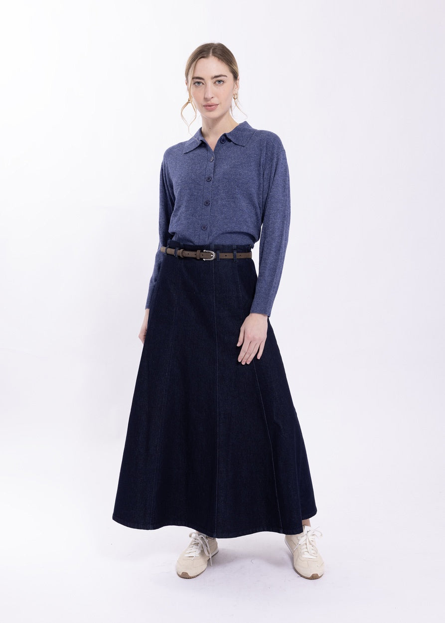 DENIM BELTED PANELED DENIM MIDI SKIRT