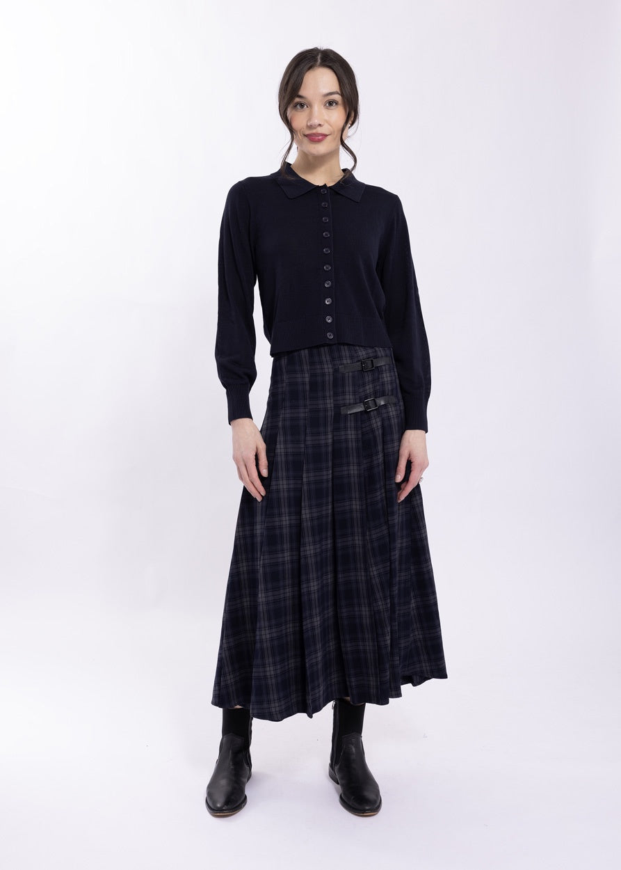 NAVY PLAID PLEATED SKIRT WITH BUCKLE