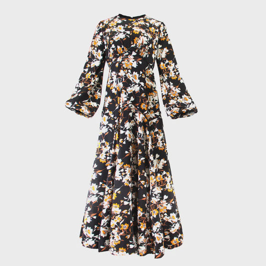 BLACK AND YELLOW FLORAL PIPING DRESS