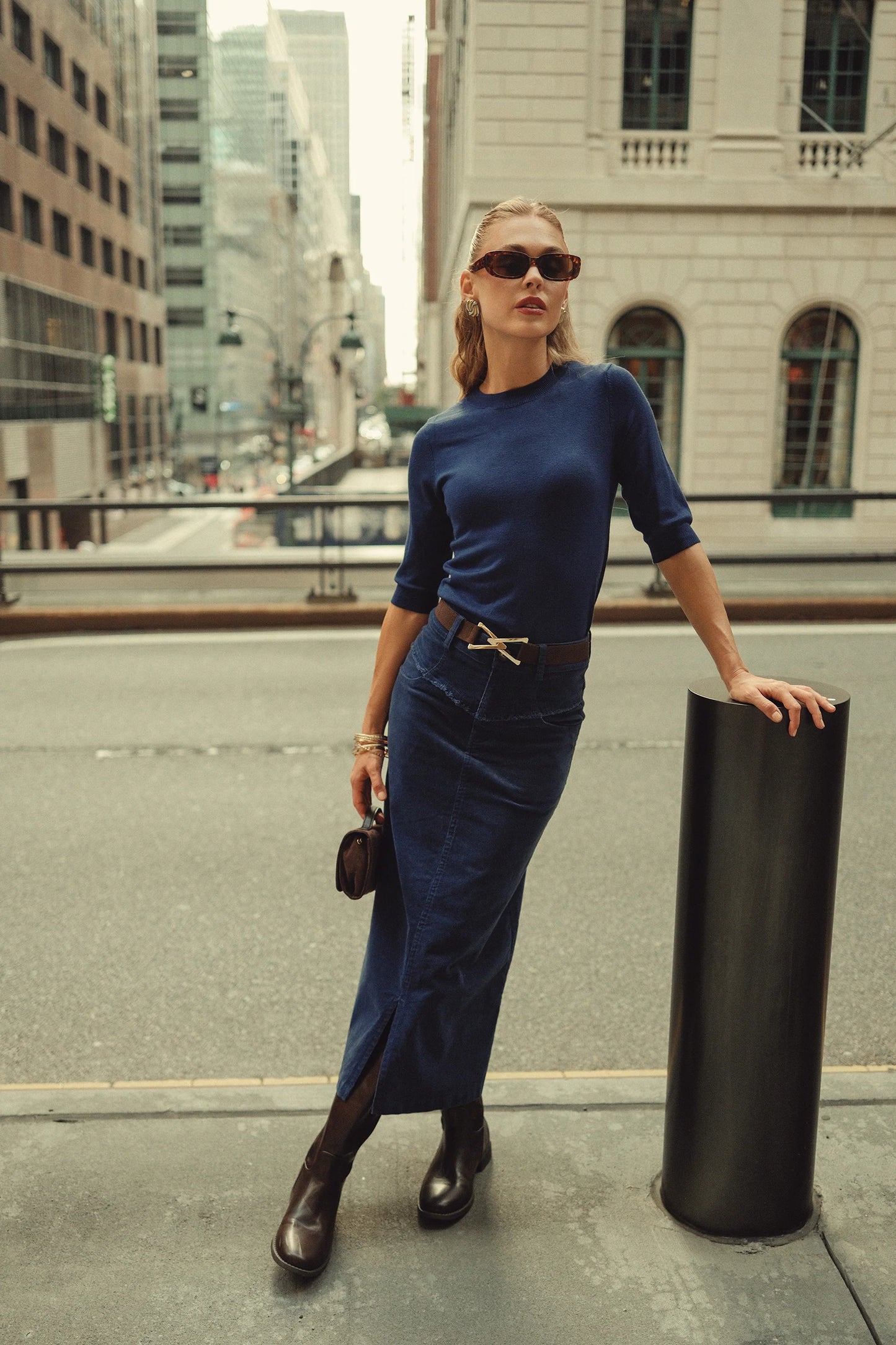 LONDON BLUE FRAY DETAIL CORDUROY SKIRT