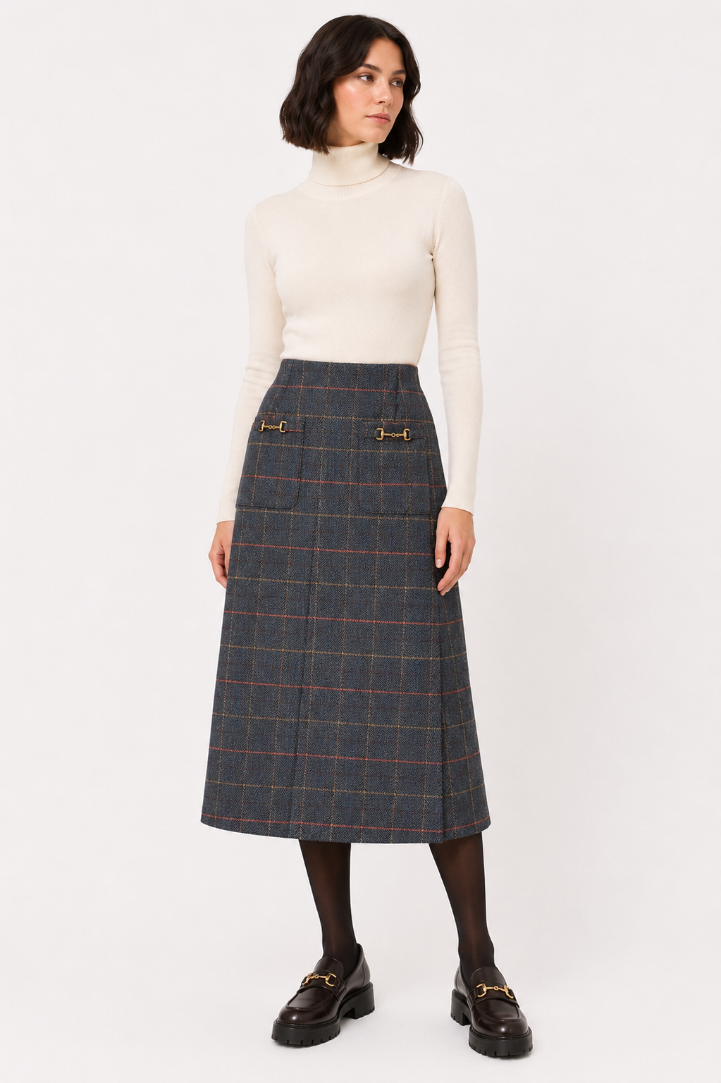 PLAID MIDI SKIRT WITH BUCKLE DETAIL