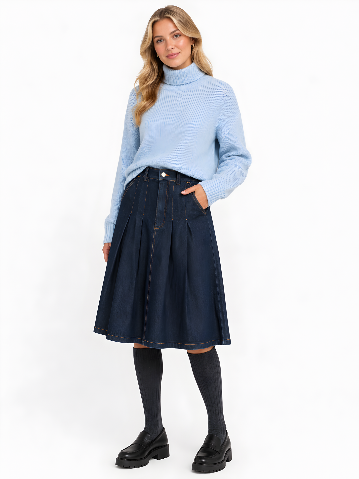 PLEATED DENIM SKIRT AVAILABLE IN 2 COLORS